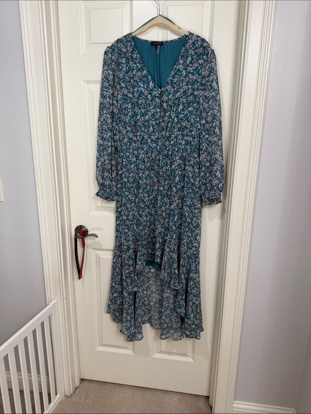 Teal Floral Long-Sleeve Midi Dress